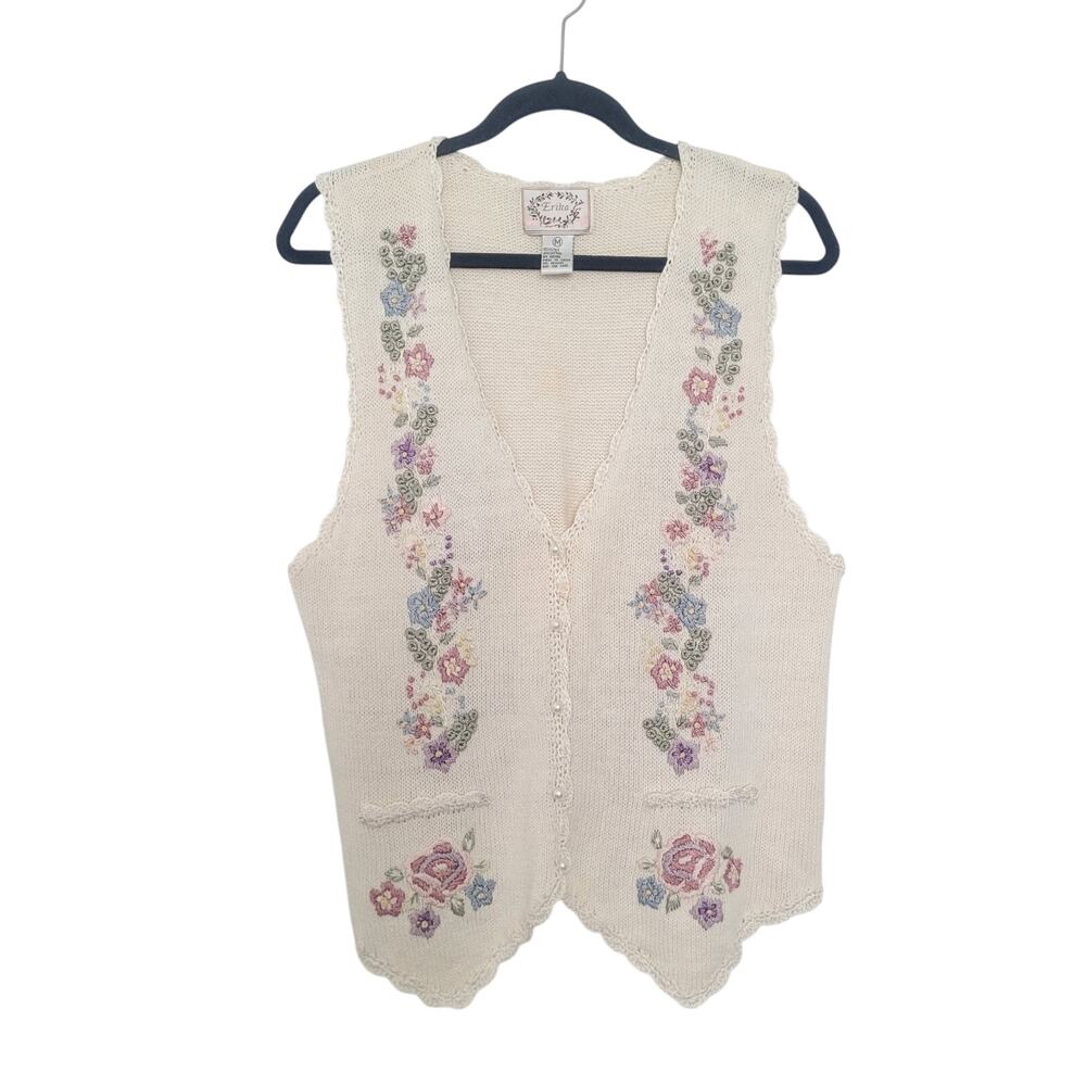 Vintage Erika Sweater Floral Embroidered Vest Size M Cream Cottage Grandma Folk